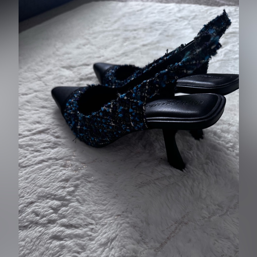 Karl Lagerfeld Black and Blue Tweed Sandals - Picture 2 of 7